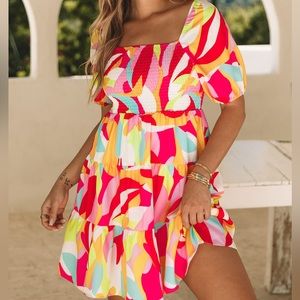 Multicolor Geometric Print Smocked Babydoll Mini Dress